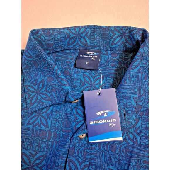 AISOKULA FIJI | Men's Short Sleeve Shirt | XL | Blue on Black | Cotton - Picture 5 of 8